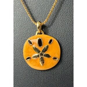 Vintage Sand Dollar Necklace Pendant Gold Tone Enamel Coastal Nautical